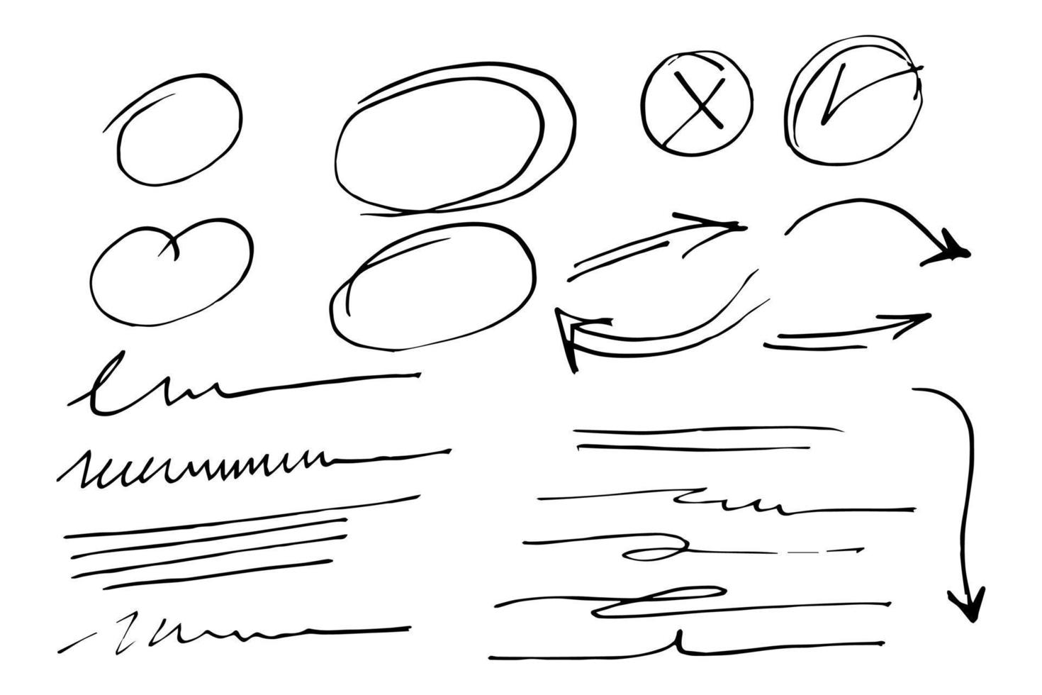 hand- getrokken reeks van abstract tekening elementen met wervelen, zucht, krabbel, pijl, tekst nadruk. geïsoleerd Aan wit achtergrond. vector illustratie