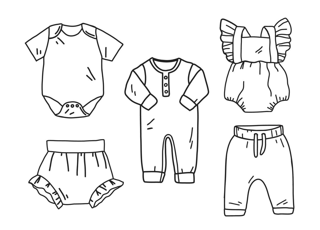 reeks van baby kleren. Onesie, luier omslag, rompertje, bodysuit, broek voor zuigelingen. lijn kunst vector illustratie