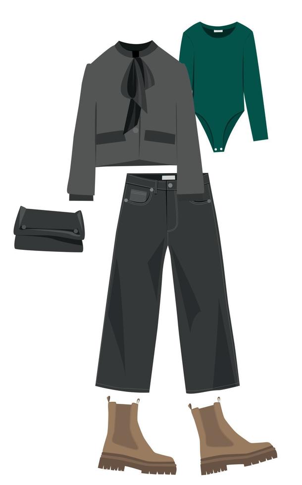 bruin broek in controleren, beige gebreid overmaats trui, kruis lichaam tas, zwart instappers of vlak schoenen Aan grijs achtergrond. overhead visie van vrouwen gewoontjes dag kleding. vlak leggen, top visie. Dames kleren. vector