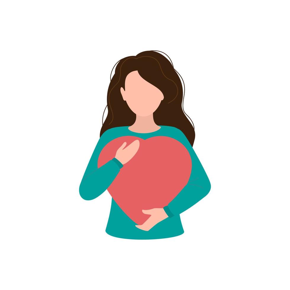 vrouw Holding een groot rood hart in haar handen. vector illustratie.