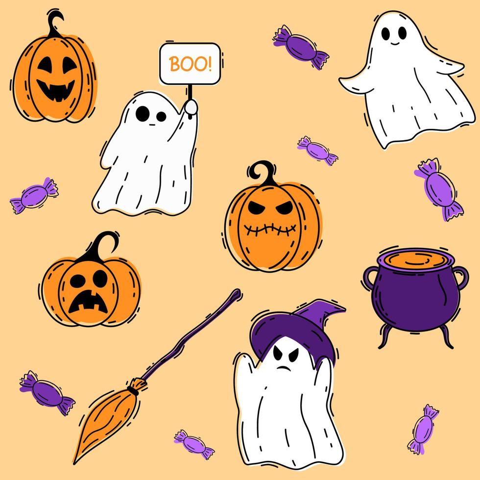 halloween tekening set. tekenfilm geest snoep pompoen ketel bezem. vector illustratie