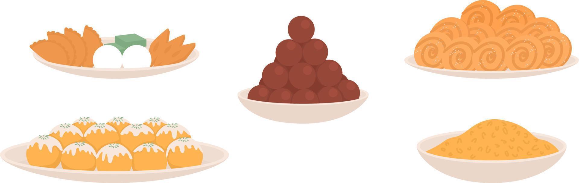 traditioneel diwali snacks semi vlak kleur vector voorwerpen set. bewerkbare elementen. vol formaat items Aan wit. gemakkelijk tekenfilm stijl illustraties verzameling voor web grafisch ontwerp en animatie