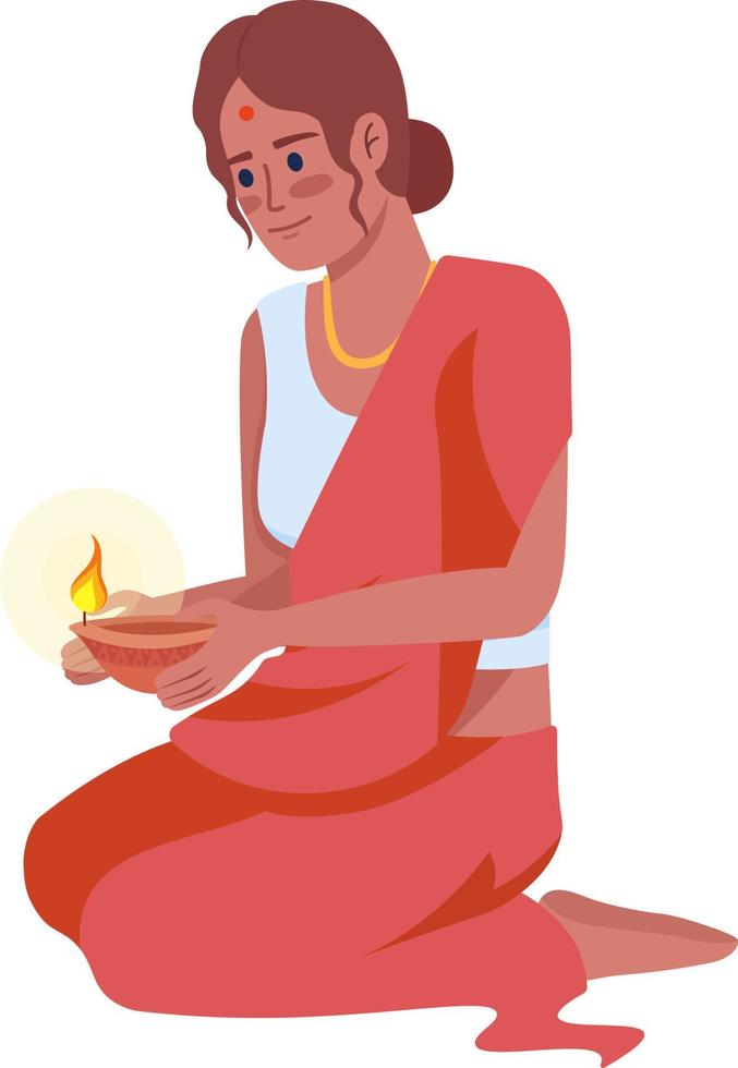 jong vrouw met olie lamp Aan diwali semi vlak kleur vector karakter. bewerkbare figuur. vol lichaam persoon Aan wit. Indisch cultuur gemakkelijk tekenfilm stijl illustratie voor web grafisch ontwerp en animatie