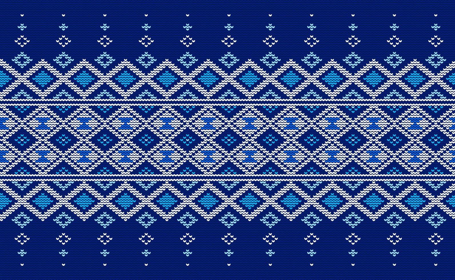 gebreid etnisch patroon, vector borduurwerk plein achtergrond, kruis steek traditioneel Afrikaanse stijl, wit en blauw patroon garen abstract, ontwerp voor textiel, kleding stof, tapijt, grafisch illustratie