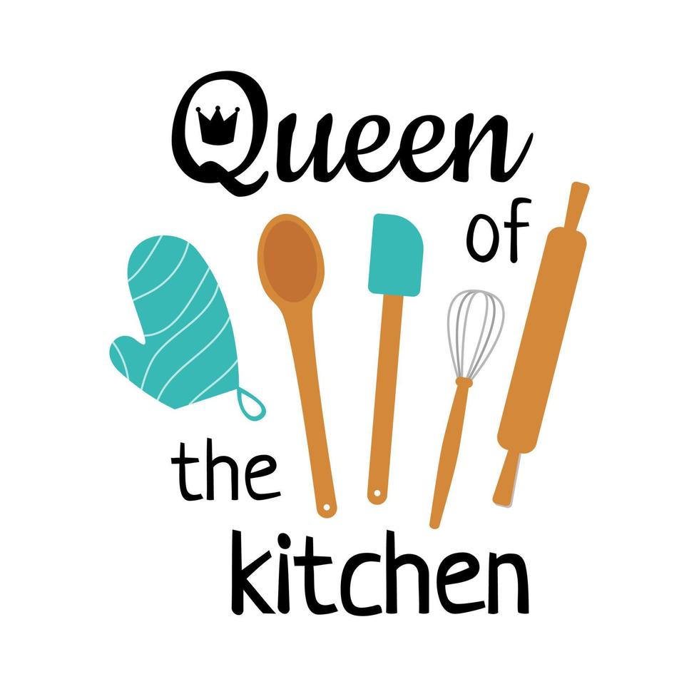 keuken gereedschap met tekst. garde, spatel, rollend pin en lepel. vector illustratie van keuken gebruiksvoorwerpen. perfect voor keuken ontwerp