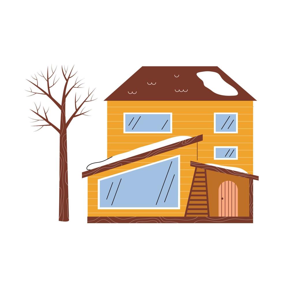 elegant houten huis met sneeuw en een boom zonder gebladerte. vector illustratie in een schattig hand getekend stijl. winter knus tafereel