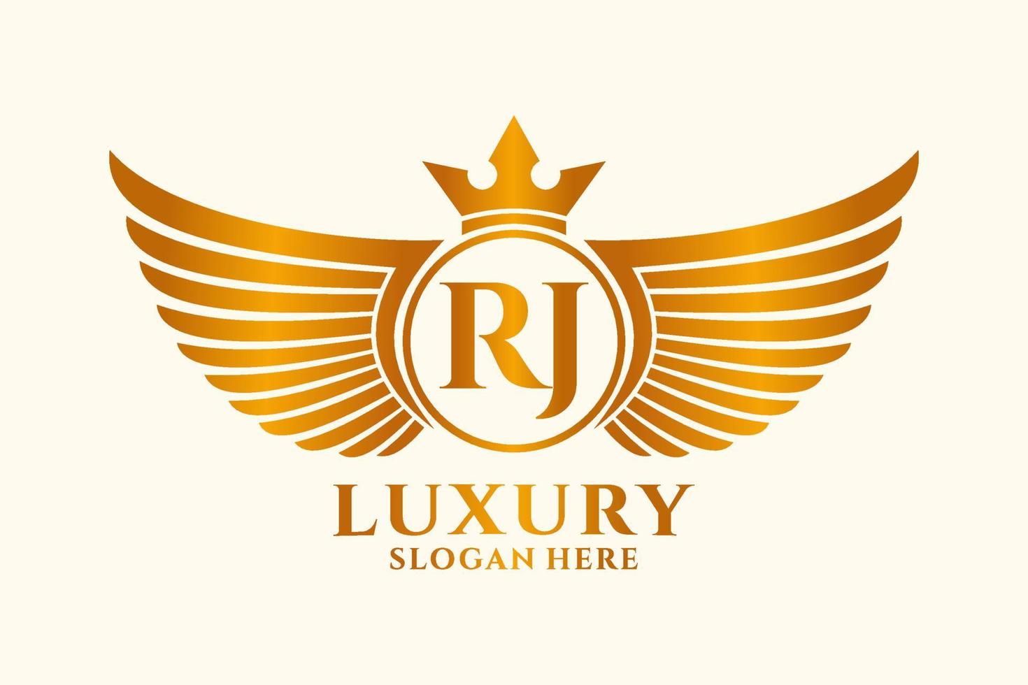 luxe Koninklijk vleugel brief rj kam goud kleur logo vector, zege logo, kam logo, vleugel logo, vector logo sjabloon.