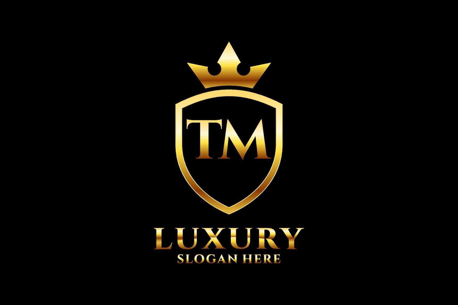 eerste tm elegant luxe monogram logo of insigne sjabloon met scrollt en Koninklijk kroon - perfect voor luxueus branding projecten vector