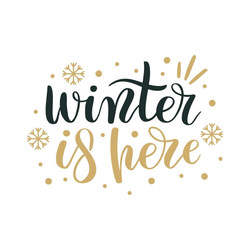 winter is hier. vrolijk Kerstmis en gelukkig nieuw jaar belettering. winter vakantie groet kaart, Kerstmis citaten en zinnen illustratie set. typografie verzameling voor spandoeken, ansichtkaart, groet kaarten, cadeaus vector