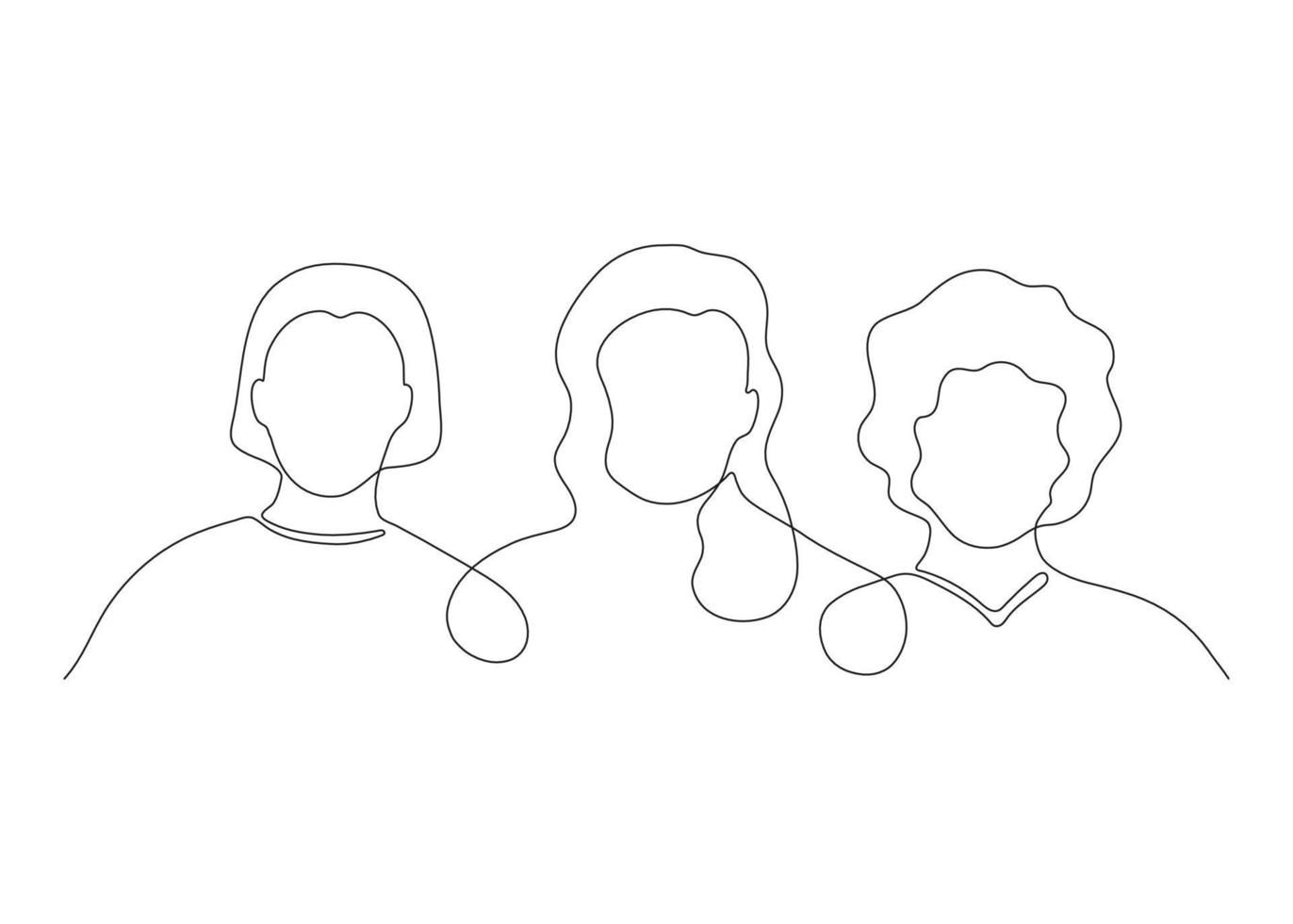 gemeenschap van Dames vriend knuffel en ondersteuning samen, doorlopend een kunst lijn tekening. zusterschap, vrienden, unie van feministen, solidariteit. drie menselijk hoofden, meisjes team. vector schets