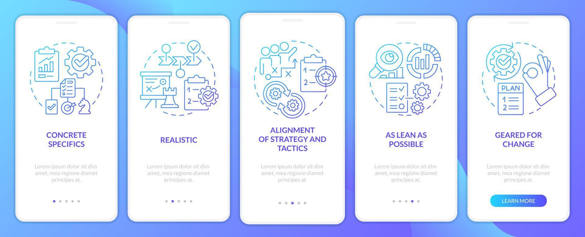 sleutel elementen van bedrijf plan blauw helling onboarding mobiel app scherm. walkthrough 5 stappen grafisch instructies met lineair concepten. ui, ux, gui sjabloon. vector