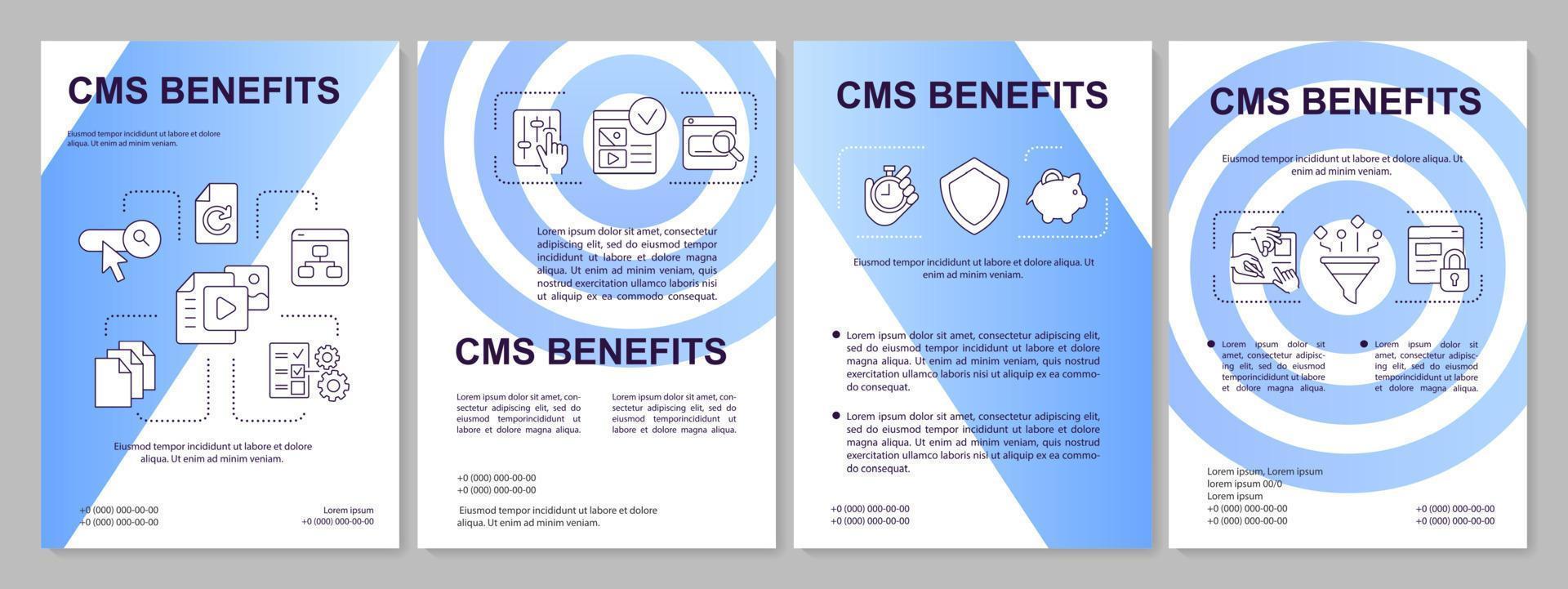 cms voordelen blauw helling brochure sjabloon. website ontwikkeling. brochure ontwerp met lineair pictogrammen. 4 vector indelingen voor presentatie, jaar- rapporten.