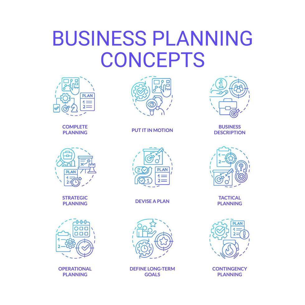 bedrijf planning blauw helling concept pictogrammen set. gebouw ontwikkeling strategie. beheer idee dun lijn kleur illustraties. geïsoleerd symbolen. vector