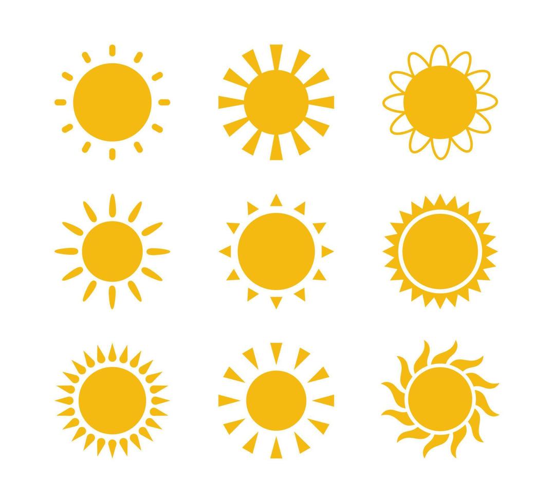 geel vlak zon met stralen pictogrammen in divers ontwerp. zon silhouet pictogrammen. grafisch weer tekens. symbool van warmte, warm en klimaat. vector illustraties reeks geïsoleerd Aan wit achtergrond