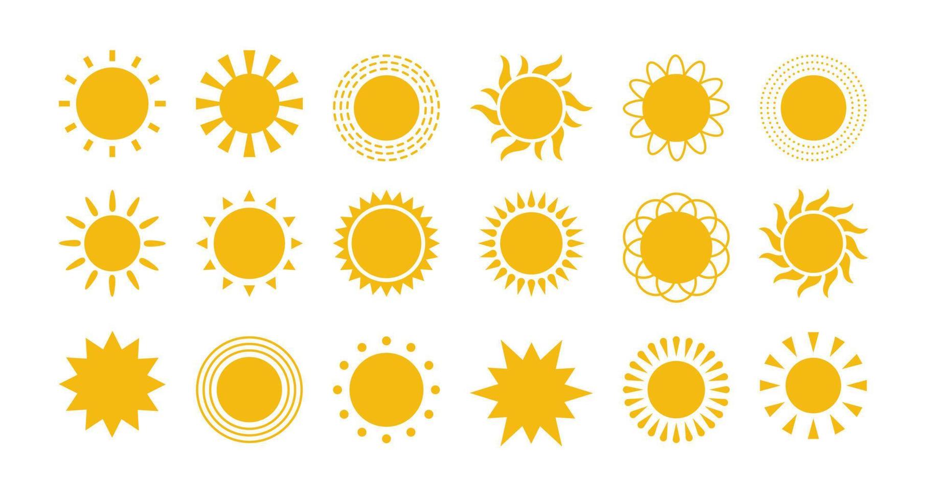 geel vlak zon met stralen pictogrammen in divers ontwerp. zon silhouet pictogrammen. grafisch weer tekens. symbool van warmte, warm en klimaat. vector illustraties reeks geïsoleerd Aan wit achtergrond