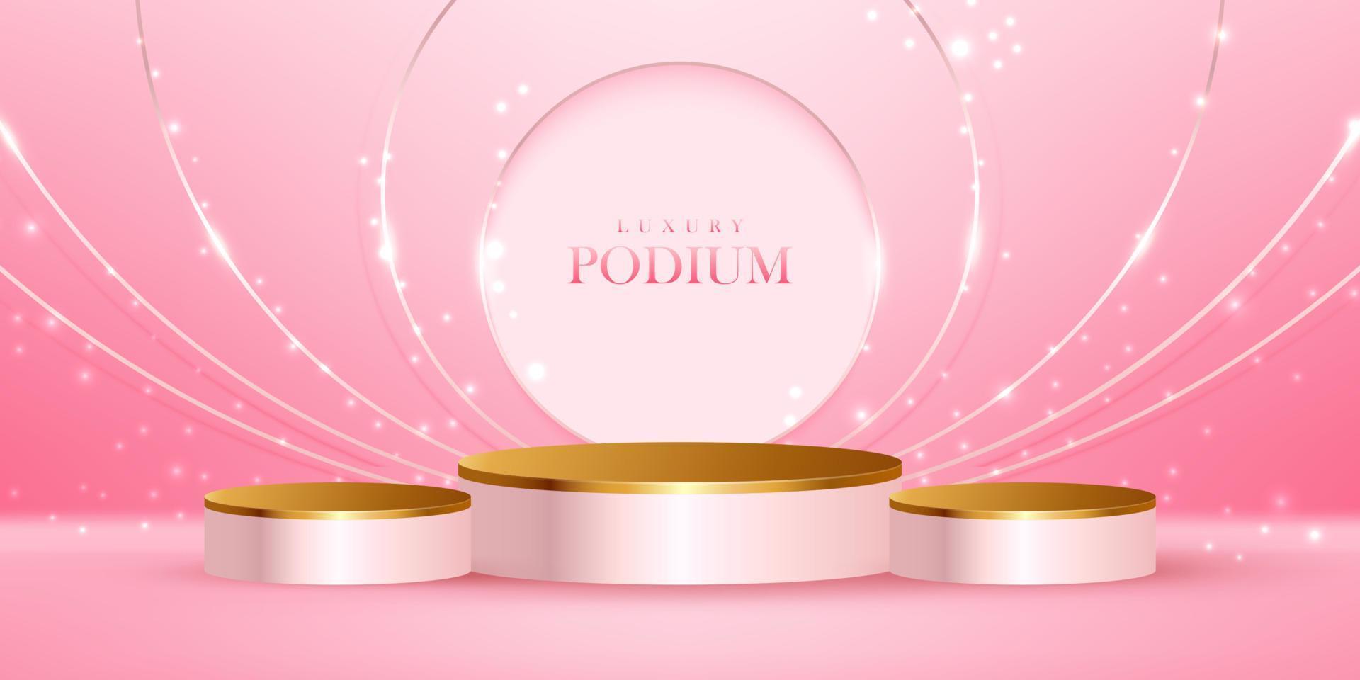 realistisch roze en goud modern cirkel podium luxe achtergrond met glitters vector