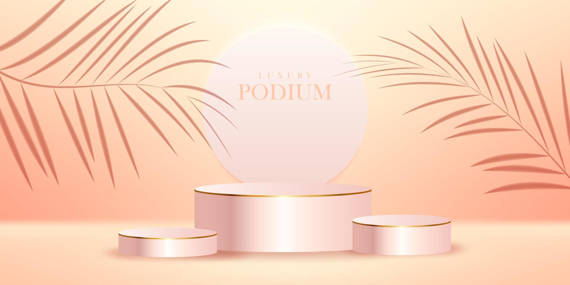 luxe realistisch podium met palm blad schaduw met room en perzik kleur achtergrond vector