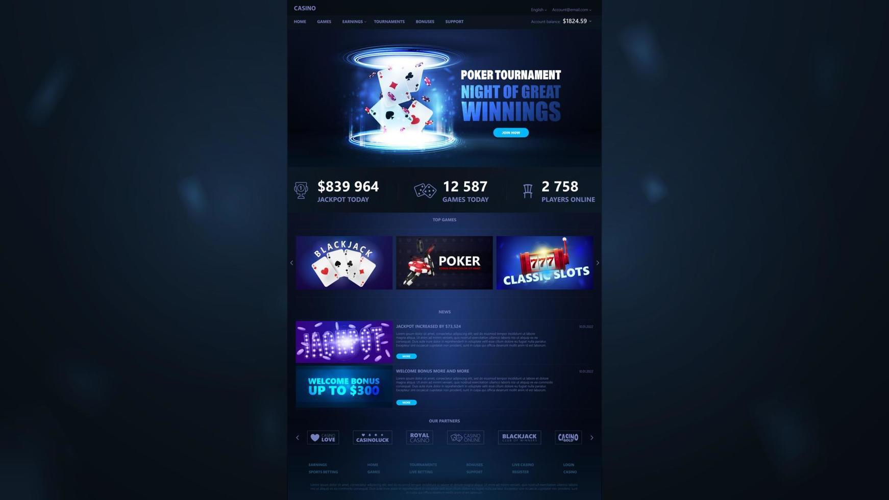 online casino, donker en blauw sjabloon van website van casino met casino elementen vector