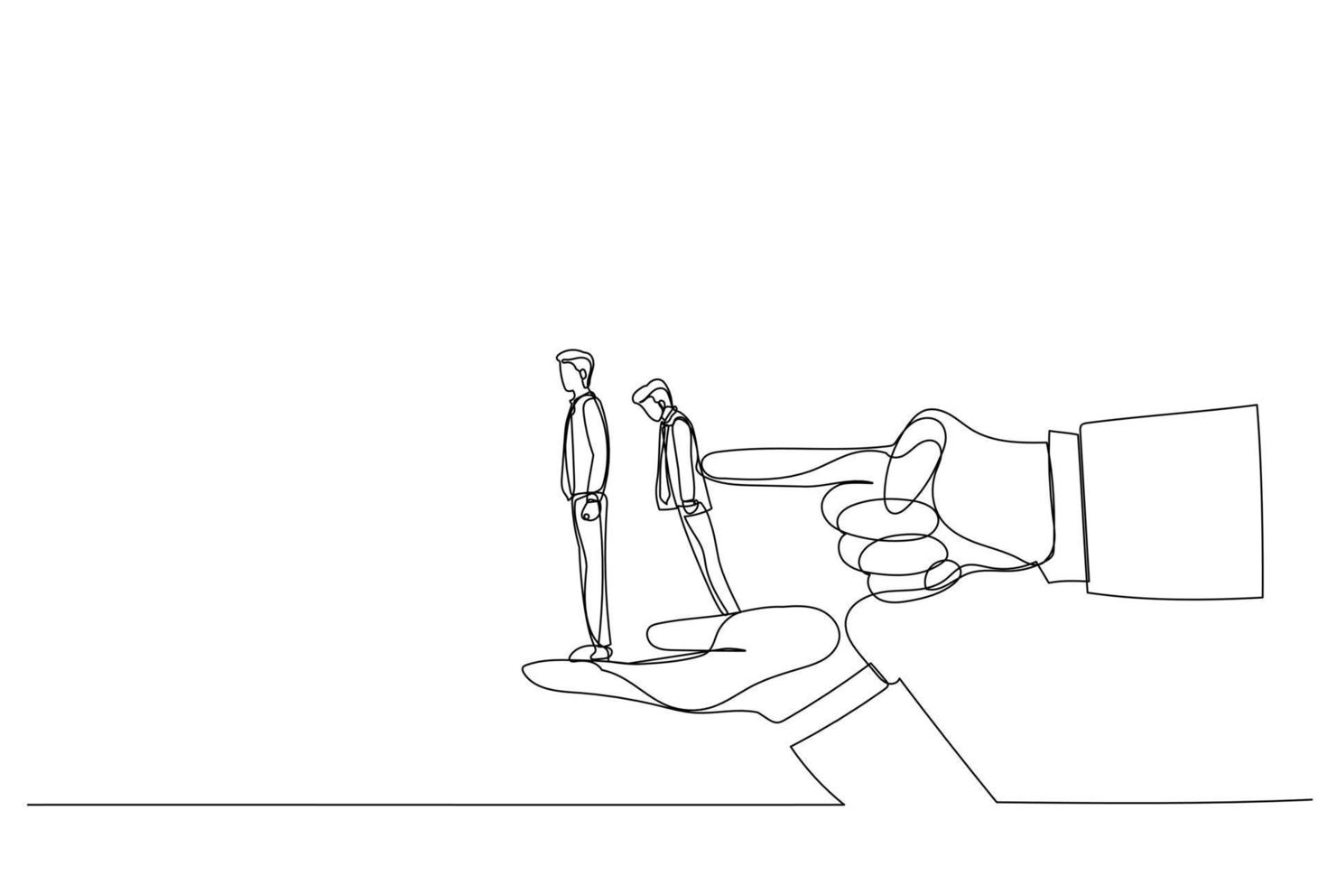 illustratie van inhoudsopgave vinger kantelt rij van zakenman staand Aan groot handen. metafoor voor ontslag, werkloosheid, ontslagen. een lijn kunst stijl vector