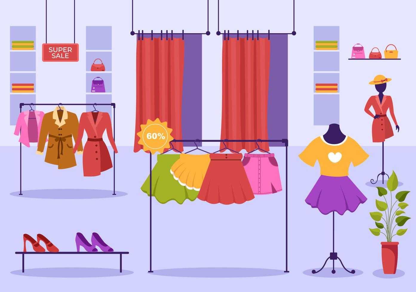 mode kleding op te slaan voor Dames sjabloon hand- getrokken tekenfilm vlak illustratie met boodschappen doen buying producten kleding of jurken ontwerp vector