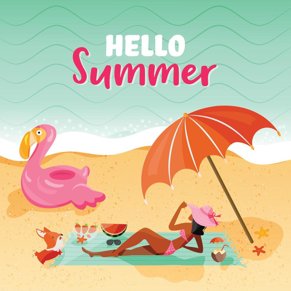 Hallo zomer illustratie. tropisch landschap met gebruind meisje zonnen in kust, genieten van zon met haar corgi hond. zomer concept ontwerp voor poster, banier, folder, uitnodiging, kaart. reizen middel vector