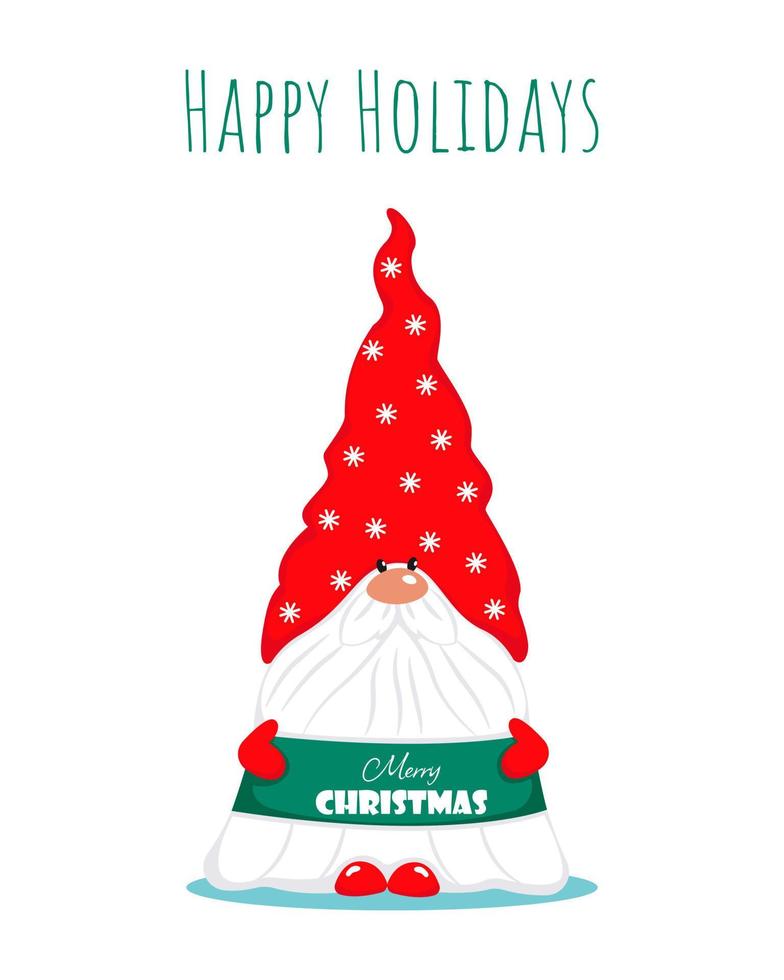 Kerstmis groet kaart met een schattig gebaard kabouter. winter vakantie karakter. vector illustratie in vlak stijl. vrolijk Kerstmis