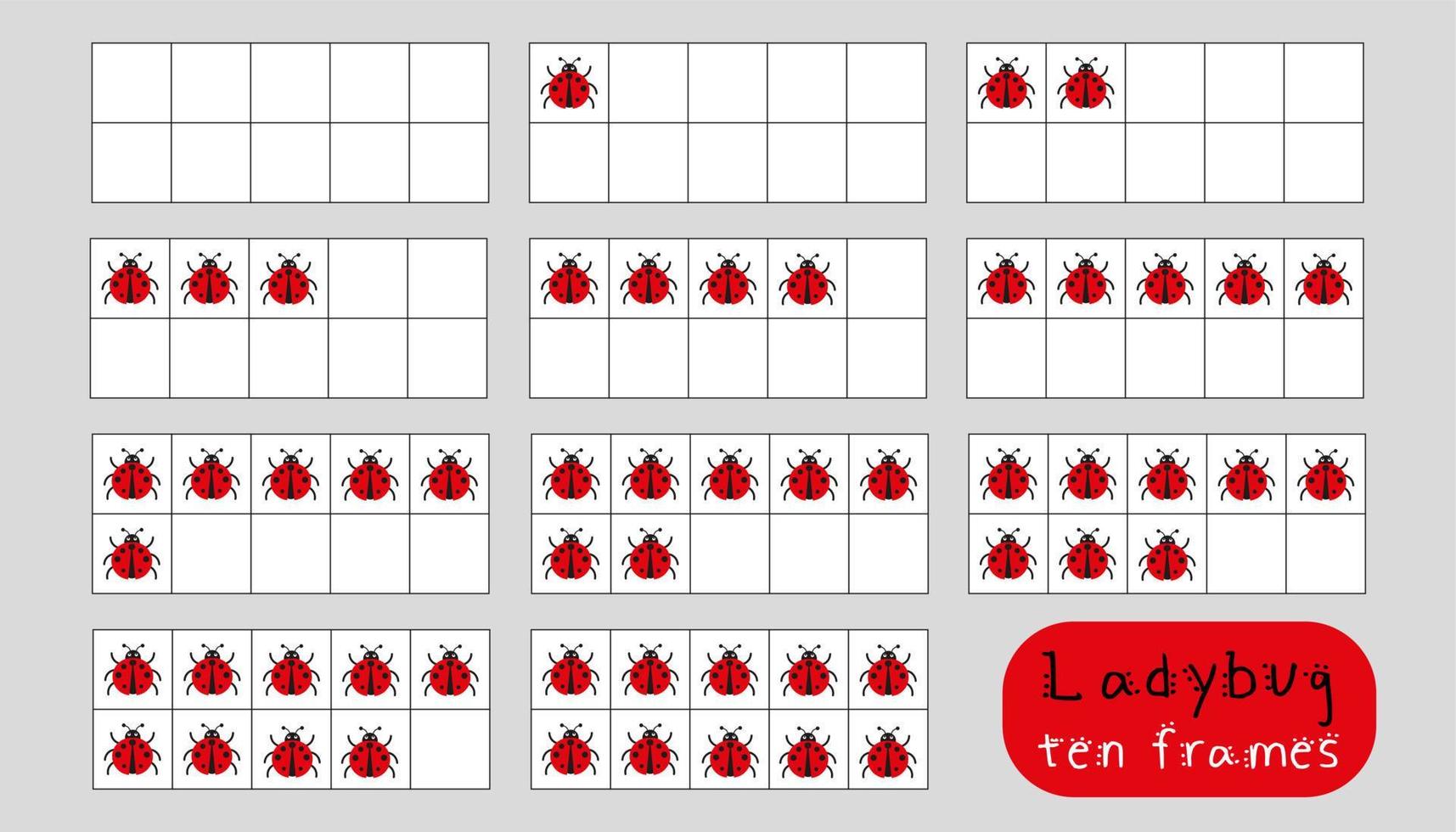 tellen werkzaamheid voor kinderen. lieveheersbeestjes tien kaders clip art naar creëren wiskunde werkbladen. peuter, pre-k en kleuterschool onderwijs. wiskunde centra hulpbron vector