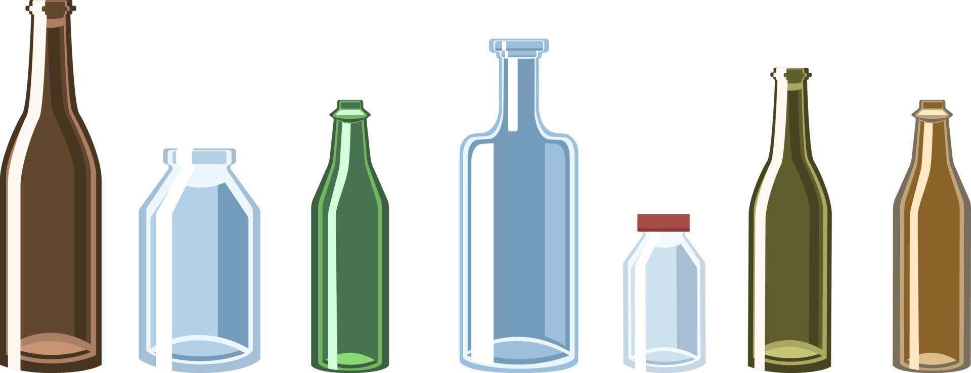 reeks van divers glas flessen en potten. glas afval. leeg flessen geïsoleerd Aan wit achtergrond vector