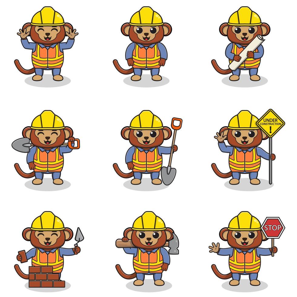 vector illustratie van aap karakter Bij bouw plaats. bouw arbeiders in divers hulpmiddelen. tekenfilm aap tekens in moeilijk hoed werken Bij gebouw plaats vector.