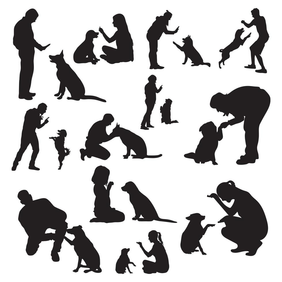 hond opleiding silhouetten , hond trainer silhouetten set. vector