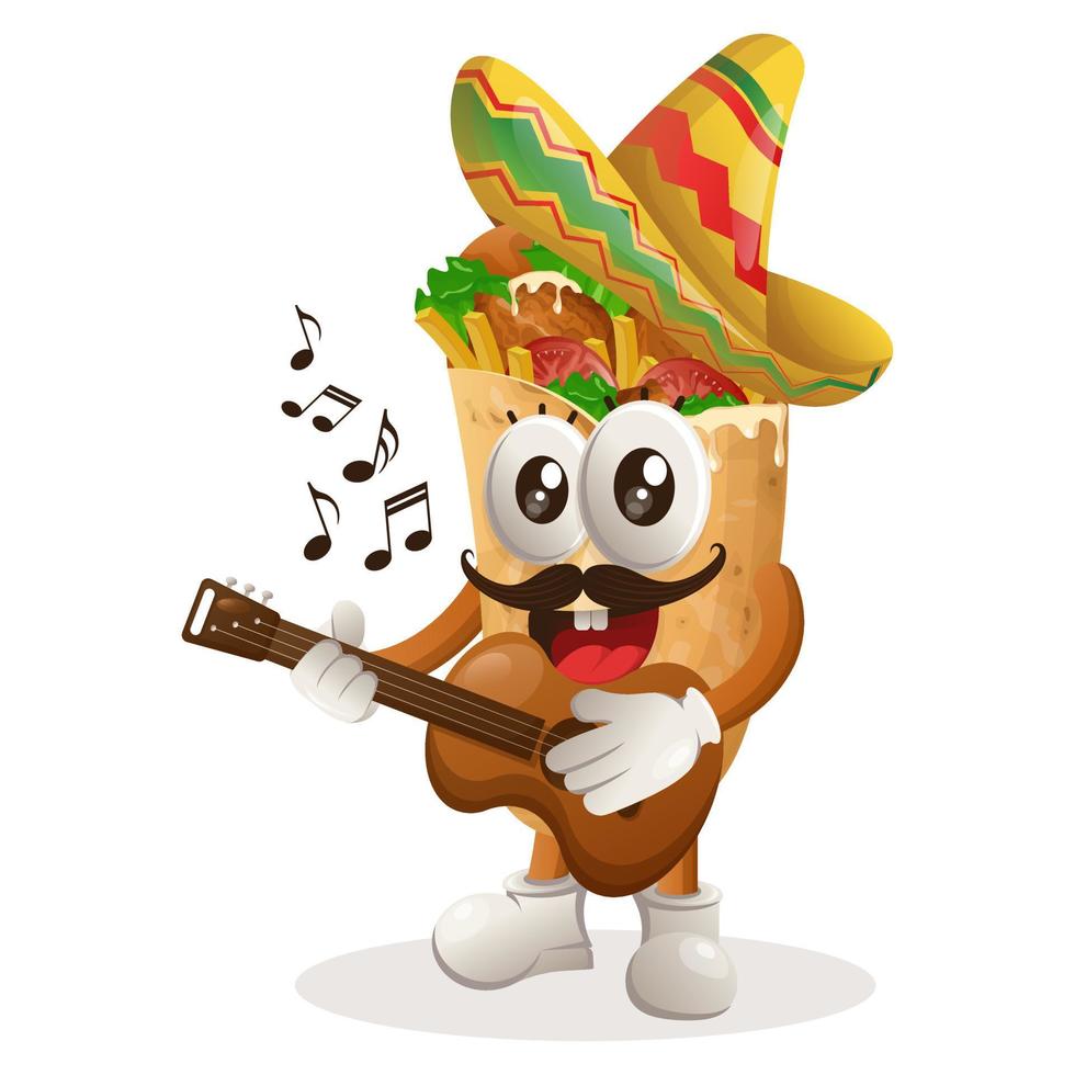schattig burrito mascotte vervelend Mexicaans hoed met spelen gitaar vector