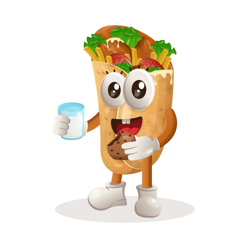 schattig burrito mascotte drinken melk en eten koekje vector