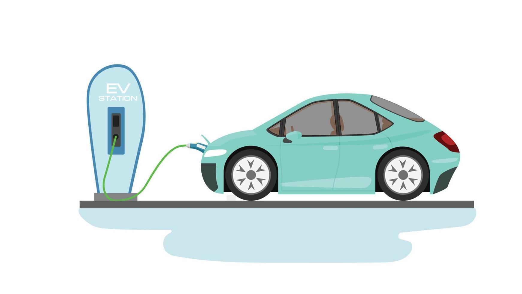 elektrisch voertuig mini auto opladen parkeren Bij de oplader station met een plug in kabel. opladen in de voorkant kant van auto naar accu. geïsoleerd vlak vector illustratie Aan wit achtergrond.