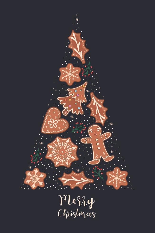 ansichtkaart met peperkoek koekjes en de opschrift vrolijk kerstmis. vector grafiek.