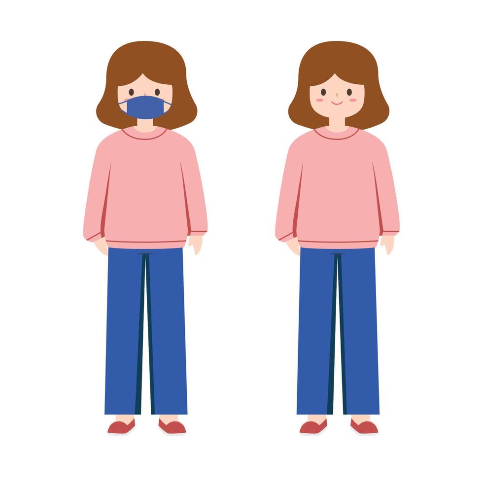 een meisje slijtage roze trui en blauw jeans met gezicht masker. vector illustratie. karakter ontwerp.