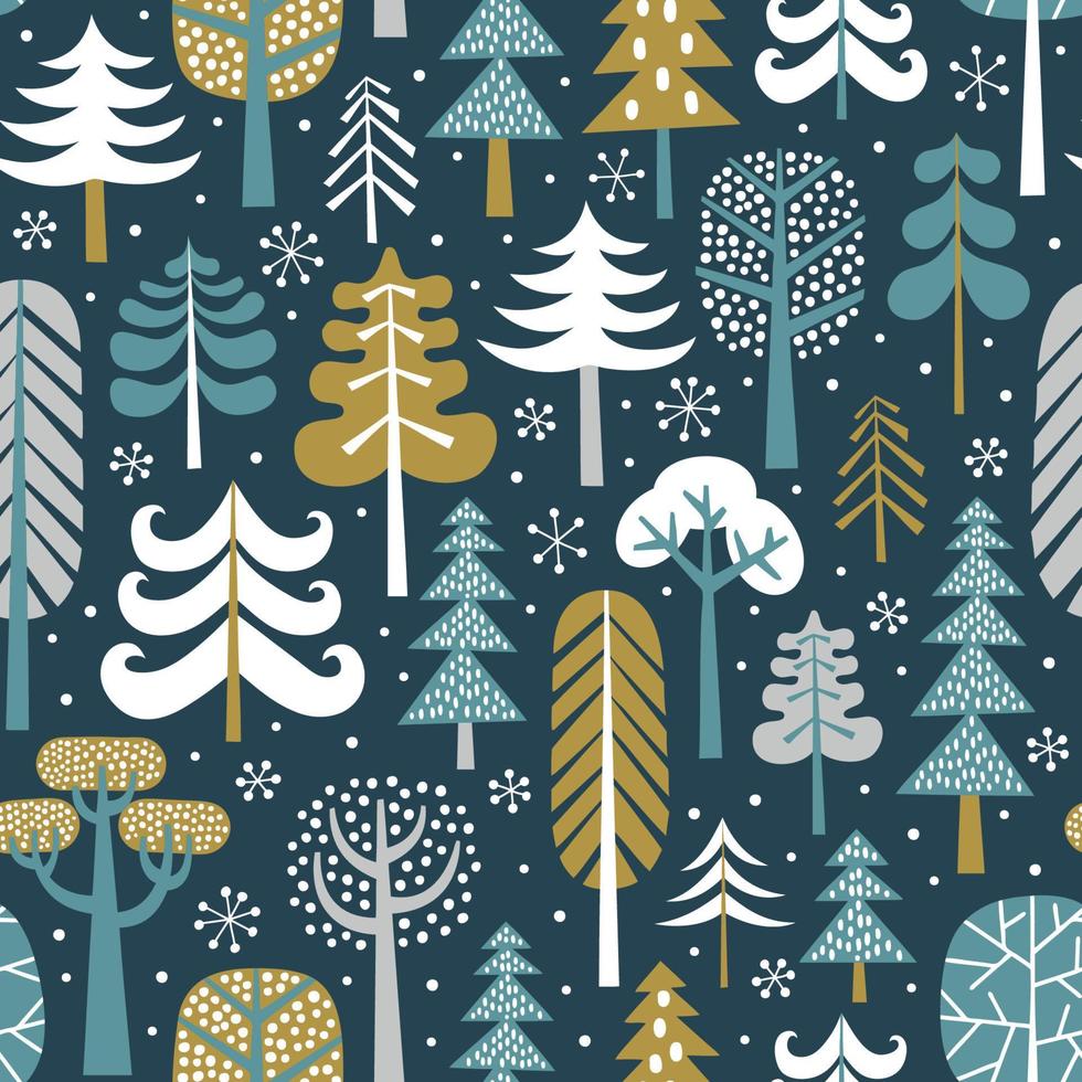 winter besneeuwd bossen naadloos patroon. silhouetten van schattig besneeuwd bomen Aan donker blauw achtergrond. herhalende Kerstmis vector behang.