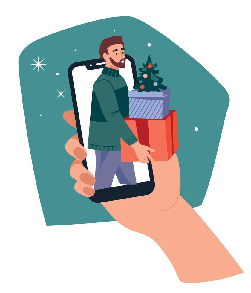 een Mens met een geschenk looks uit van de telefoon. online Gefeliciteerd. de hand- is Holding een mobiel telefoon. vector illustratie.