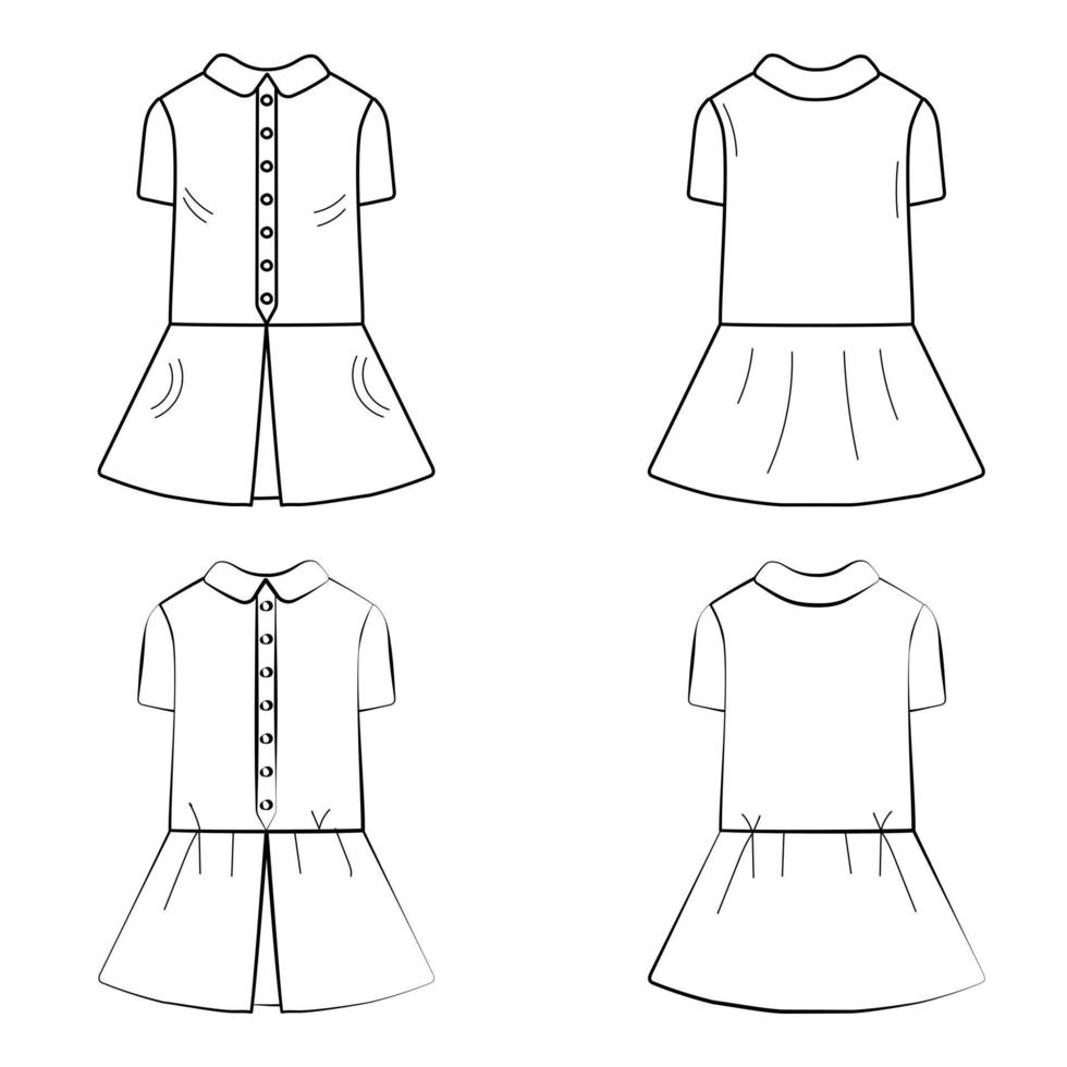 tekening, schetsen, silhouet schets, baby jurken. kinderen kleding model. voorkant en kant visie vector