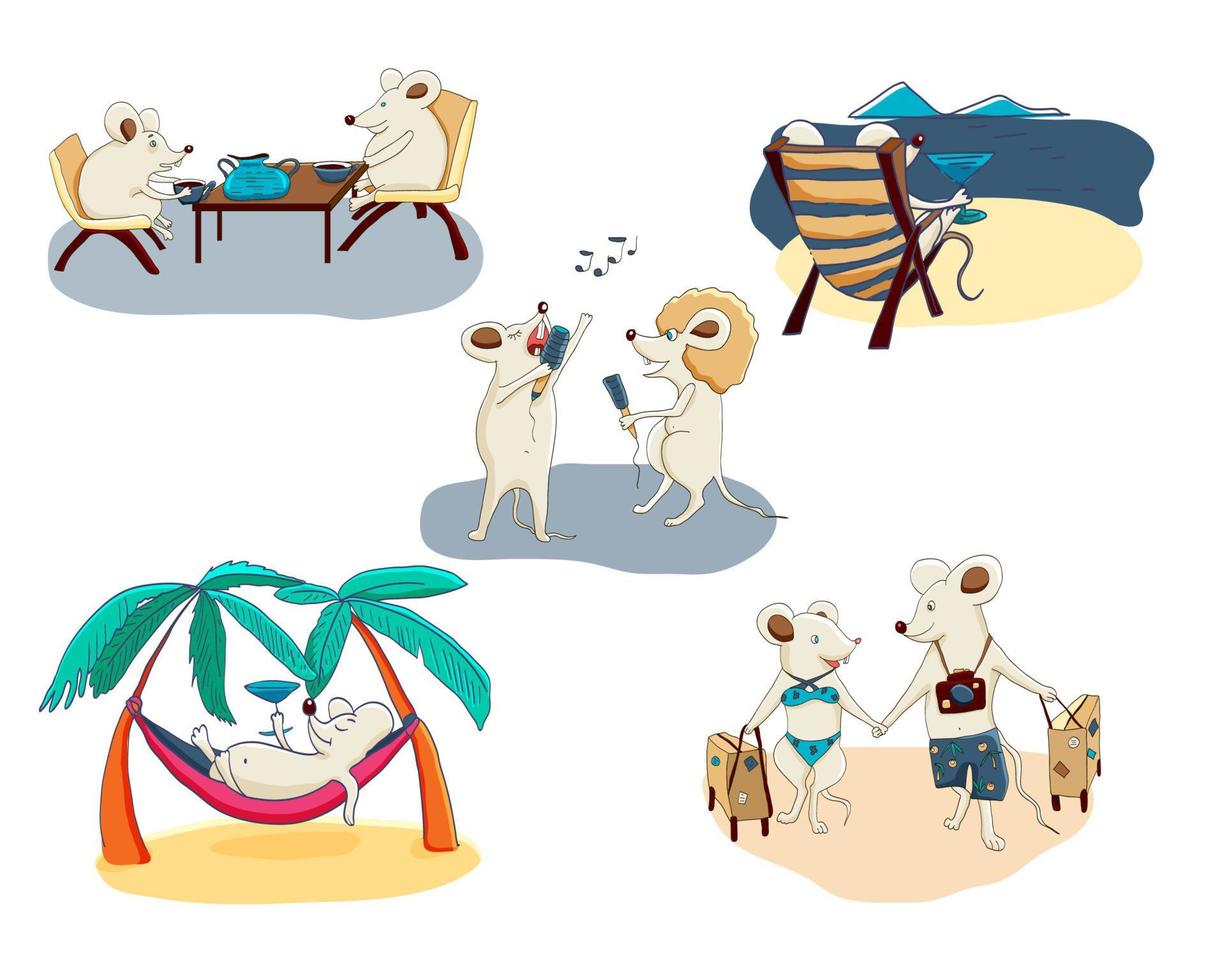 schattig hand- getrokken tekenfilm grappig muizen reizen en kom tot rust Aan een tropisch strand vector