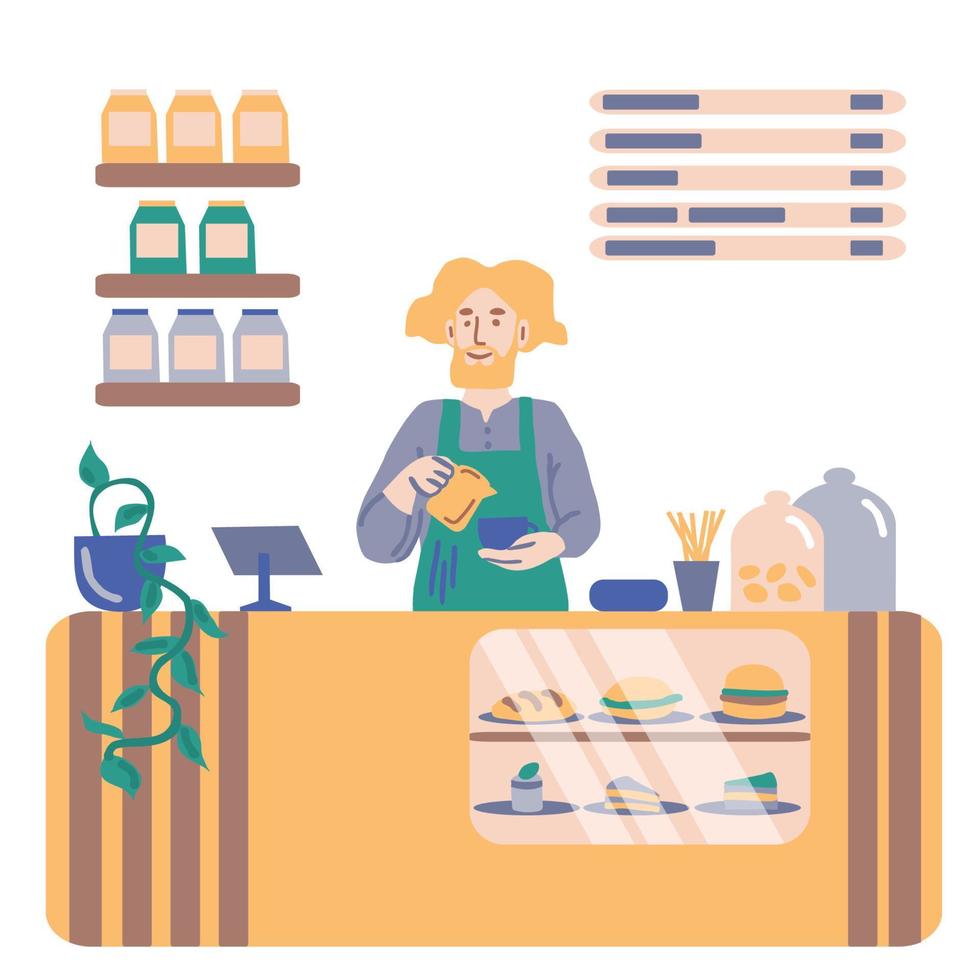 barista staand Bij de koffie winkel balie. mannetje arbeider maken koffie Bij een cafe. vlak vector illustratie