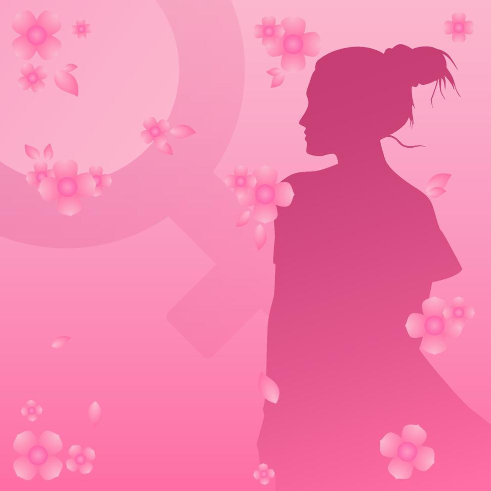 vrouwen dag vector illustratie achtergrond. Dames met roze sihlouette en bloem.