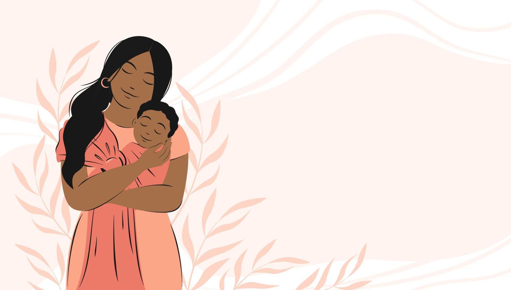 banier over zwangerschap en moederschap met plaats voor tekst. Afrikaanse Amerikaans vrouw is Holding pasgeboren baby. familie concept, Gezondheid, gelukkig moeder dag. vlak vector illustratie.