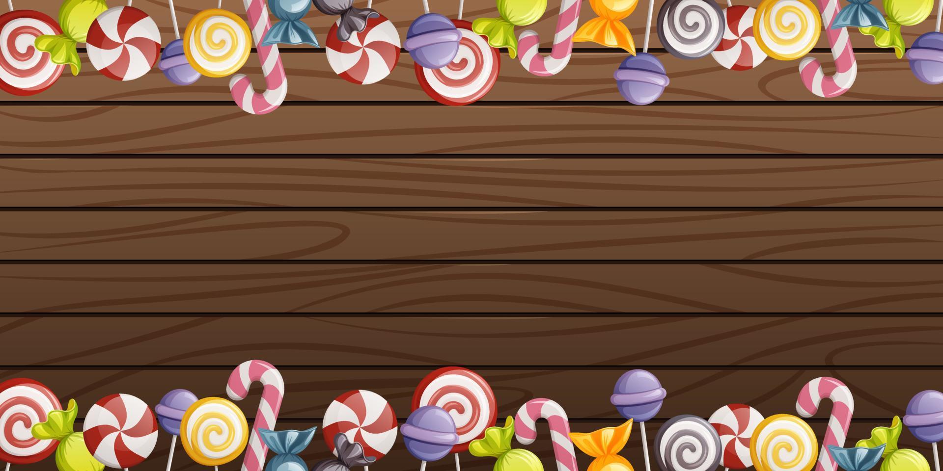 houten achtergrond met zoet traktatie. kader van lolly, snoepjes. tekenfilm vector illustratie voor vakantie, op te slaan, halloween. ruimte voor tekst