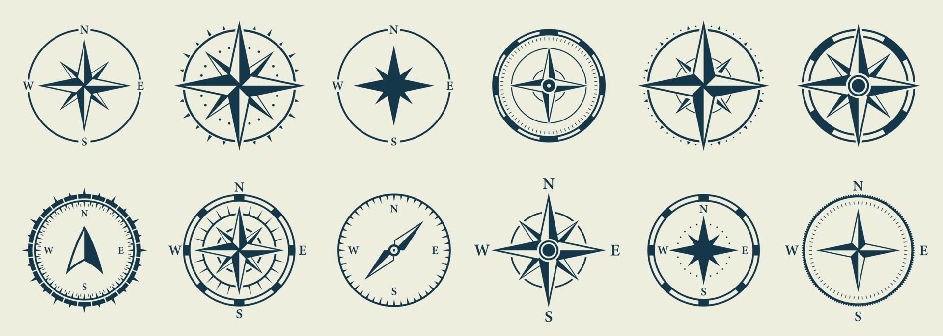 wind roos silhouet icoon set. kompas nautische navigator cartografie glyph pictogram. roos wind navigator icoon. avontuur richting naar noorden zuiden west oosten- teken. geïsoleerd vector illustratie.