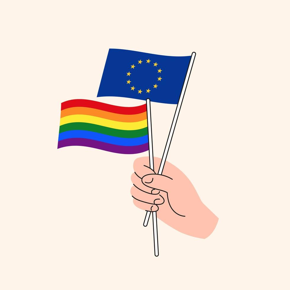 tekenfilm hand- Holding Europese unie en lgbtq regenboog vlaggen. EU en lgbt minderheden verhoudingen. concept van vrijheid van liefde, toespraak en menselijk rechten. vlak ontwerp geïsoleerd vector