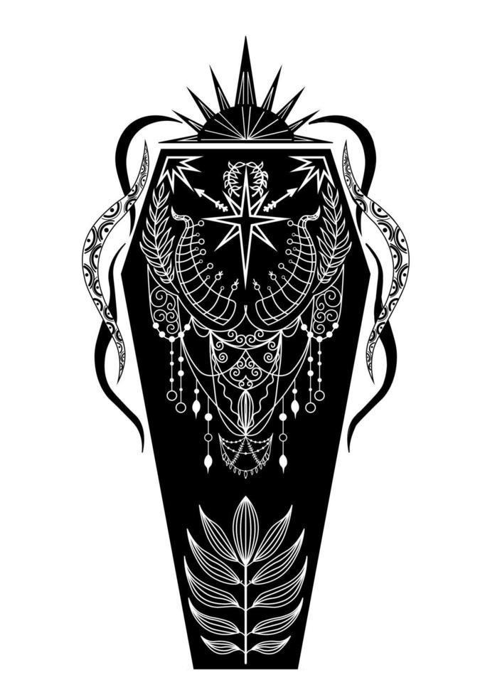 icoon van mystiek voorwerpen, maan, kist, Kristallen, planeten. astrologie tekening stijl. esoterisch, boho mystiek hand- getrokken elementen. magie en tovenarij. vector illustratie voor halloween.print voor t-shirt.