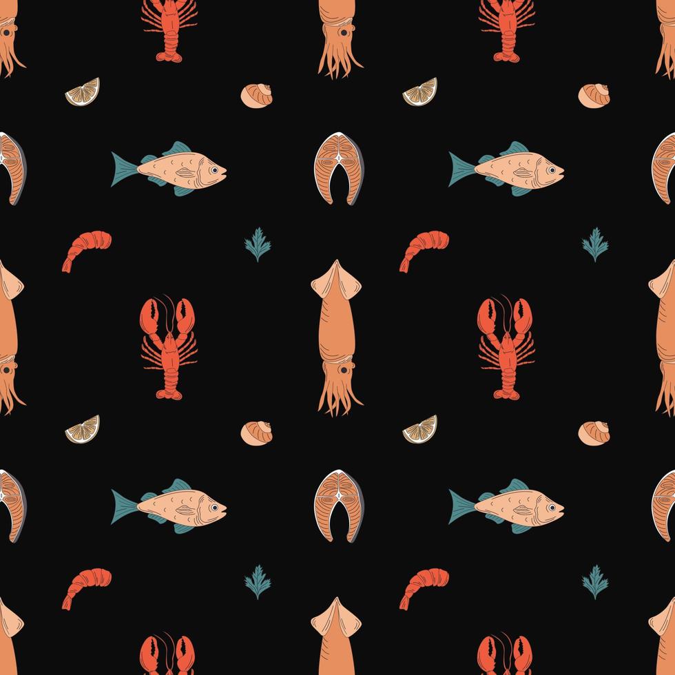 naadloos patroon met marinier dieren. vlak hand- getrokken vector illustratie. voor het drukken Aan menu's, vis restaurants, verpakking. zee voedsel.
