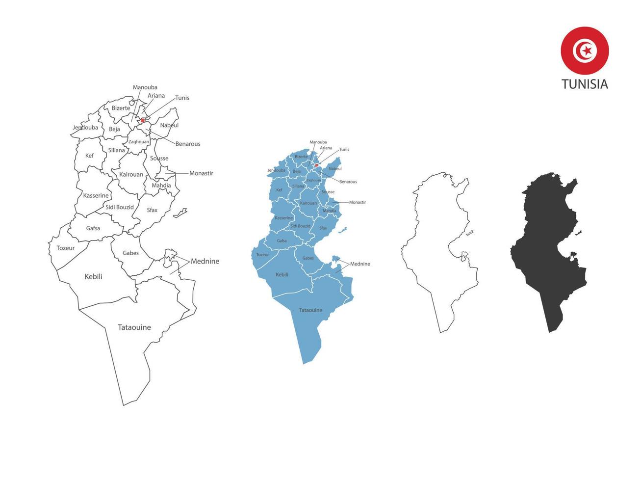 4 stijl van Tunesië kaart vector illustratie hebben allemaal provincie en Mark de hoofdstad stad van tunesië. door dun zwart schets eenvoud stijl en donker schaduw stijl. geïsoleerd Aan wit achtergrond.