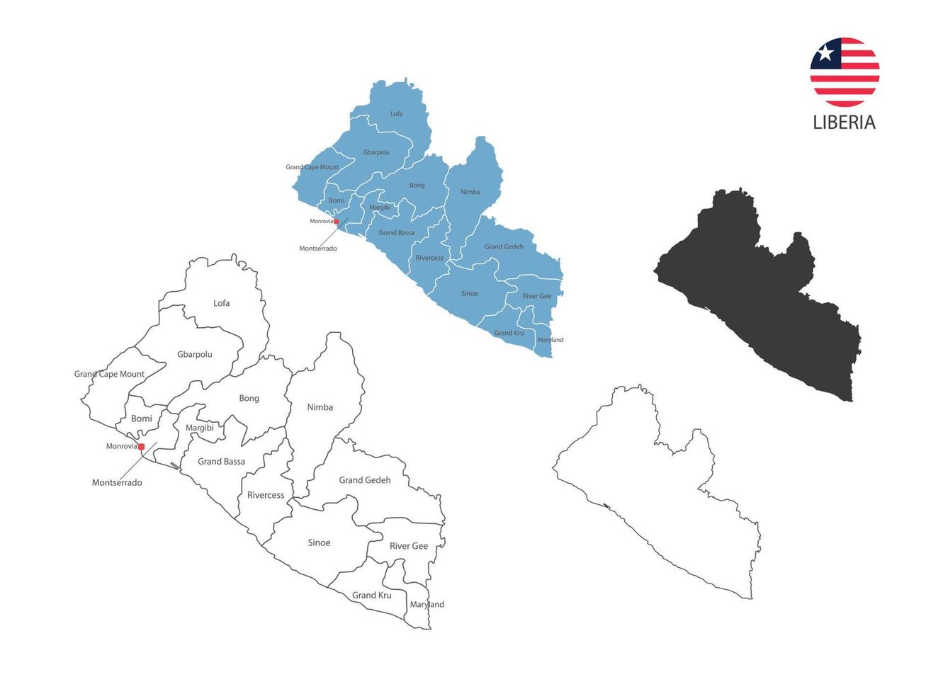 4 stijl van Liberia kaart vector illustratie hebben allemaal provincie en Mark de hoofdstad stad van Liberia. door dun zwart schets eenvoud stijl en donker schaduw stijl. geïsoleerd Aan wit achtergrond.