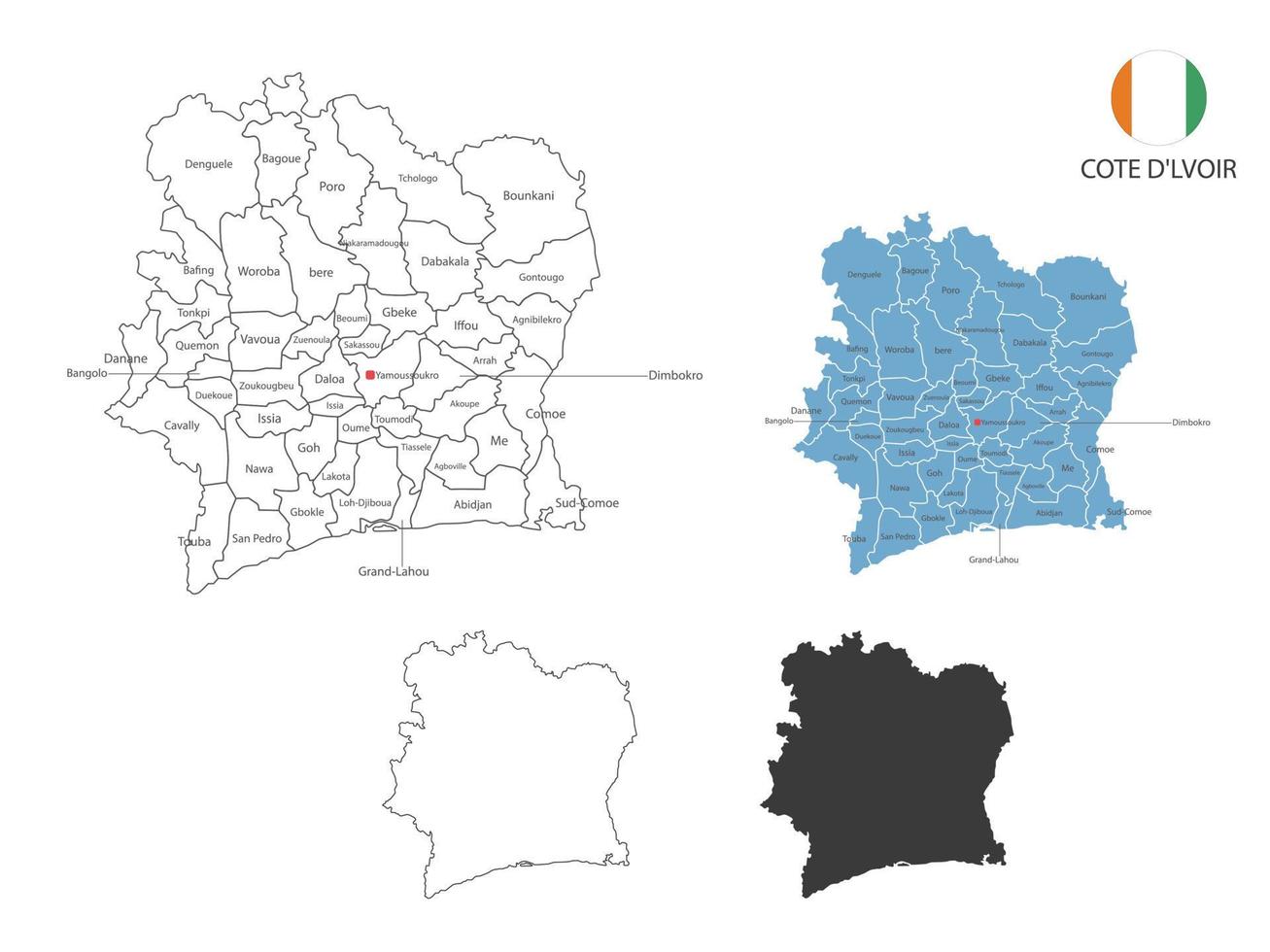 4 stijl van cote d'lvoir kaart vector illustratie hebben allemaal provincie en Mark de hoofdstad stad van cote d'lvoir. door dun zwart schets eenvoud stijl en donker schaduw stijl. geïsoleerd Aan wit achtergrond.